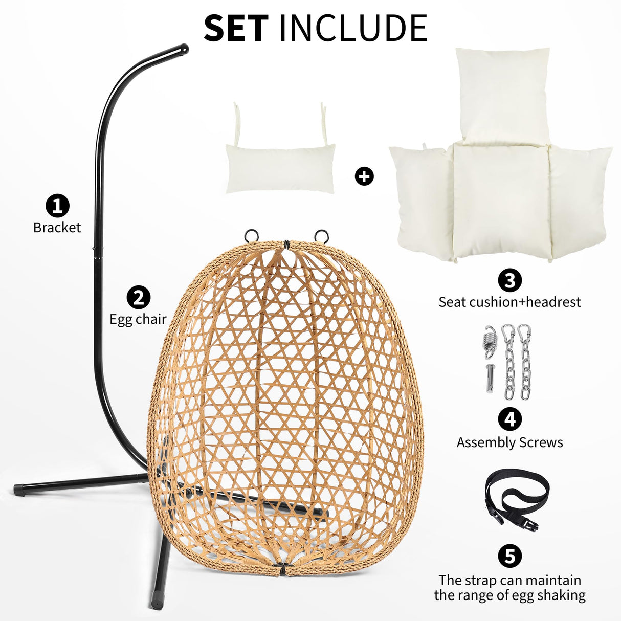 LEX CRAFT Egg Chair with Stand, Patio Wicker Hanging Chair, Hammock Swing Chair, 350LBS Capacity for Bedroom, Balcony, Garden (YE-BE) LEX CRAFT