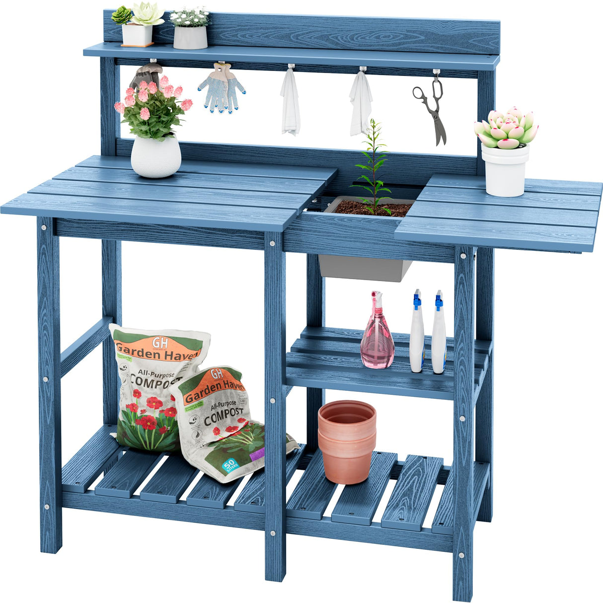 SERWALL Potting Table Outdoor Potting Bench with Sink, HDPE Potting Benches for Outside All Weather Use- Blue SERWALL