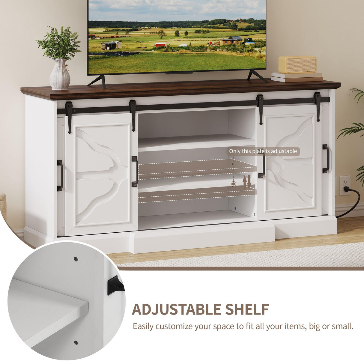 DWVO 63'' Buffet Storage Cabinet, 32'' Tall Farmhouse Sideboard Cabinet with Power Outlets and Sliding Doors, Large Coffee Bar Cabinets for Kitchen, Living Room, White/Brown DWVO