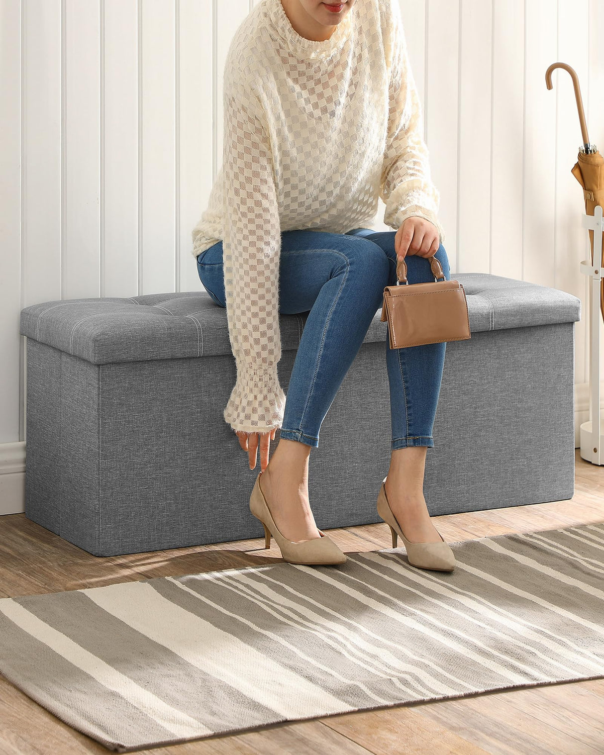 SONGMICS Mazie Collection - 43 Inches Ottoman Storage Bench, 35 Gal. Folding Chest with Breathable Linen-Look Fabric, Load up to 660 lb, for Entryway, Living Room, Bedroom, Light Gray ULSF077G05 SONGMICS