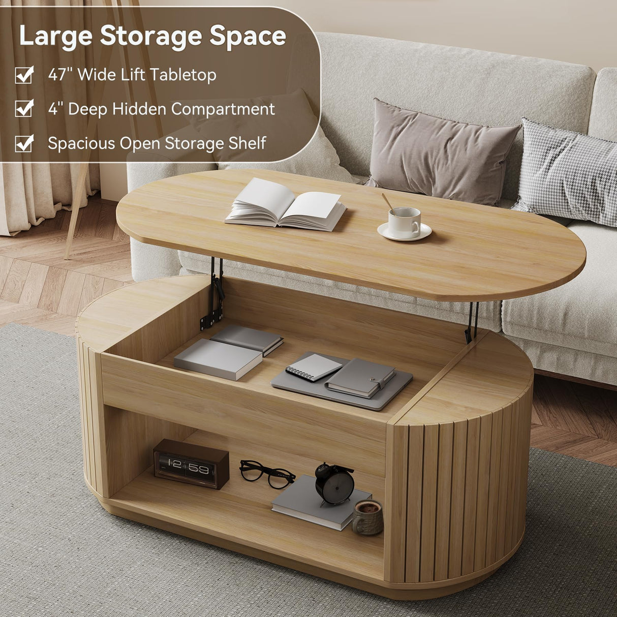 47-Inch Oval Lift Top Coffee Table with Storage Shelf for Living Room, Large Wooden Fluted Modern Center Table with 2 Tier Shelf, Modern Tea Tables with Hidden Compartment for Bedroom, Light Oak Epecoya