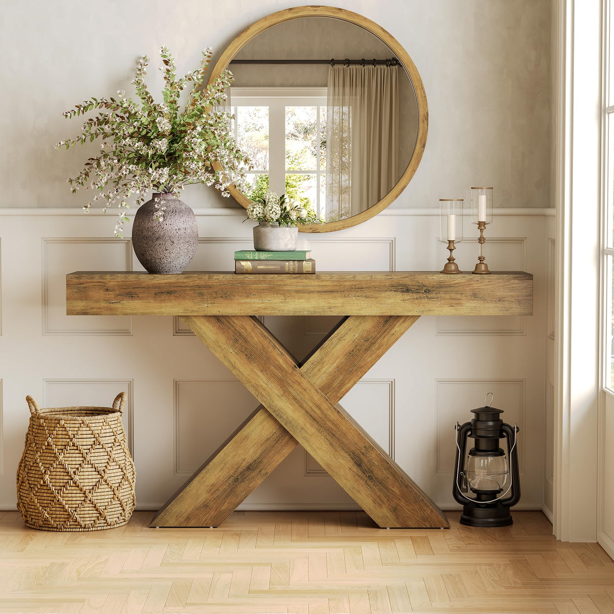 LITTLE TREE Console Table, 55-Inch Entryway Table, X-Shaped Design Narrow Console Table, Sofa Table for Living Room Foyer Hallway, Entryway, Entrance, Foyer, Industrial Wooden, Rustic Brown LITTLE TREE