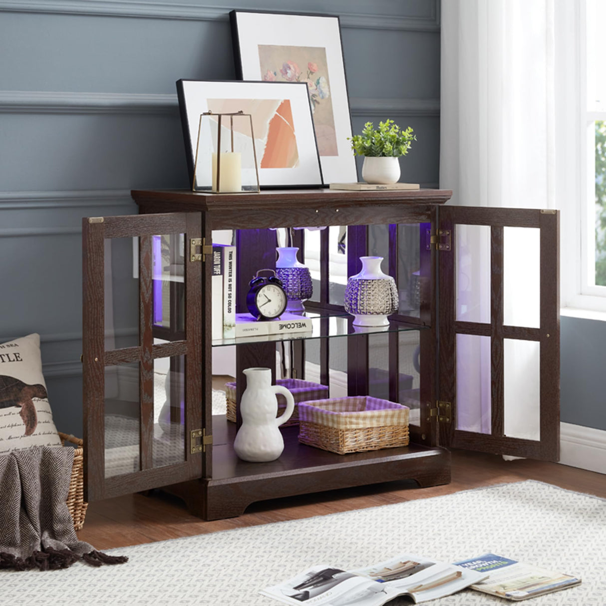 Mcltopz 2 Tiers Lighted Curio Glass Display Cabinet, 2 Lattice Doors Retro Curio Cabinet with Adjustable Shelves, Elegant Glass Display Cabinet Display Case Showcase Bookcase for Living Room (Cherry) Mcltopz