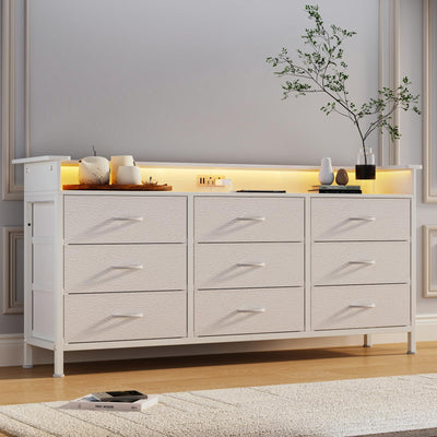 WODRAWER White Dresser for Bedroom with 9 Drawers, Long Dresser TV Stand with LED Lights & Charging Station, Fabric Chests of Drawers for Closet Entryway Living Room