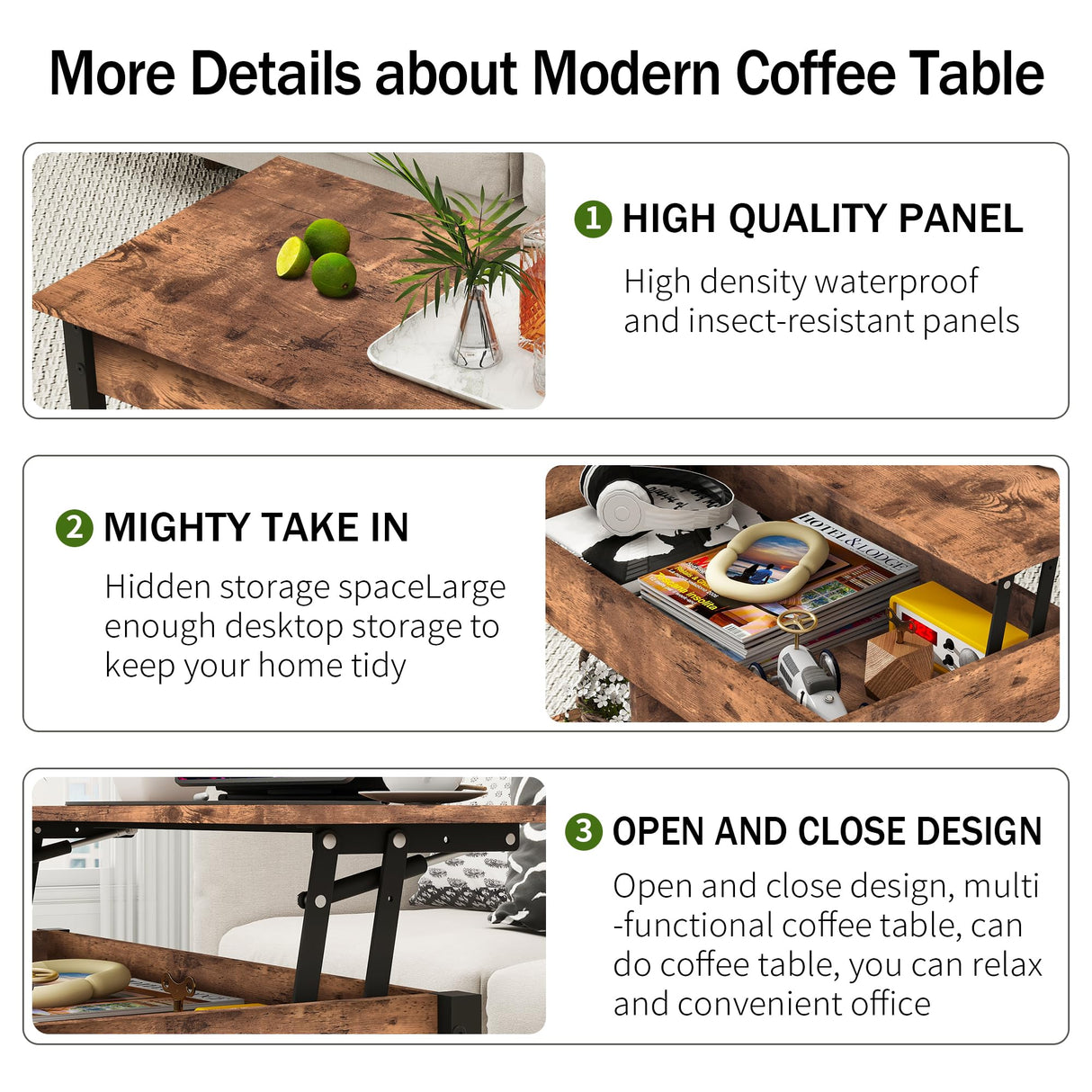 HOMERECOMMEND Lift Top Coffee Table with Storage Shelf and Hidden Compartments,Coffee Tables for for Living Room,Rustic Brown Lift Top Coffee Table HOMERECOMMEND