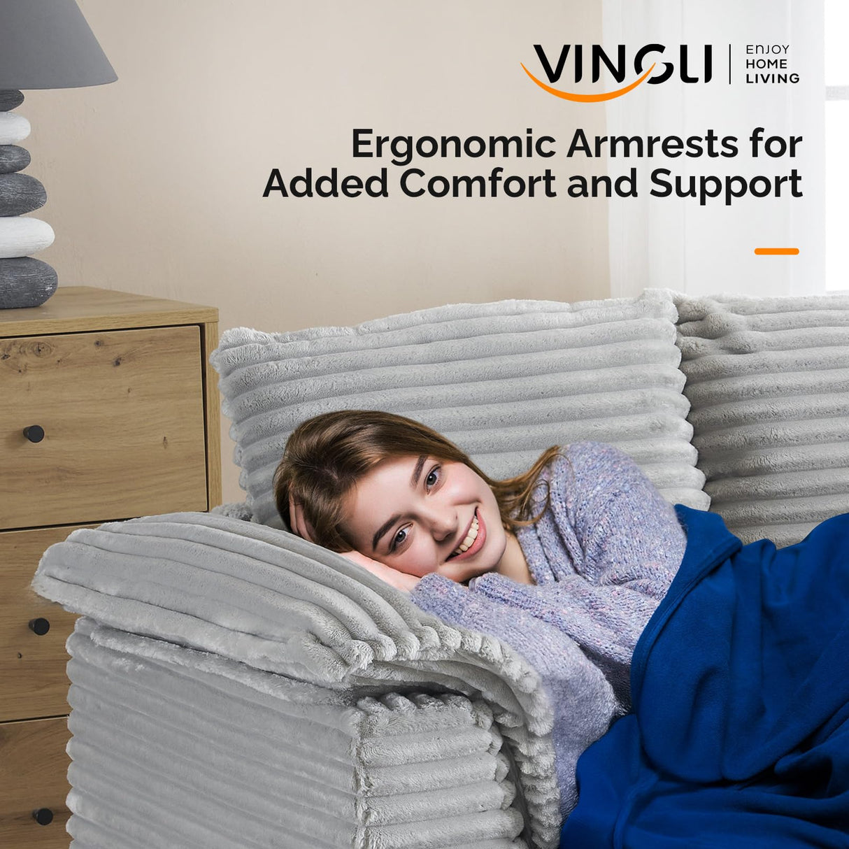 VINGLI 56" Oversized Chaise Lounge Chair, Light Grey Comfy Corduroy Chaise Sofa Recliner Bed Upholstered Sleeper Couch Bed with Throw Pillows and Armrests for Living Room, Movie Room, Bedroom VINGLI