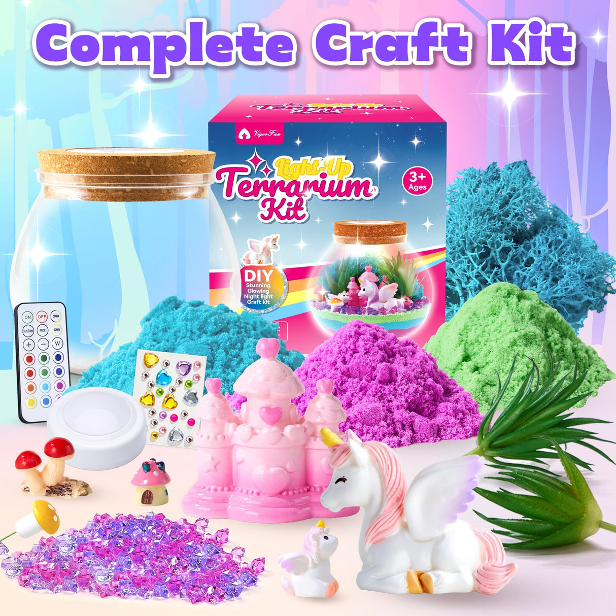 VigorFun Unicorn Terrarium Kit for Kids - Creative LED Night Light Gifts for Girls Birthday Age 3+, DIY Arts & Crafts Light Up Kit, Unicorn Toys for Kids 4 5 6 7 8 9 10 Year Old VigorFun