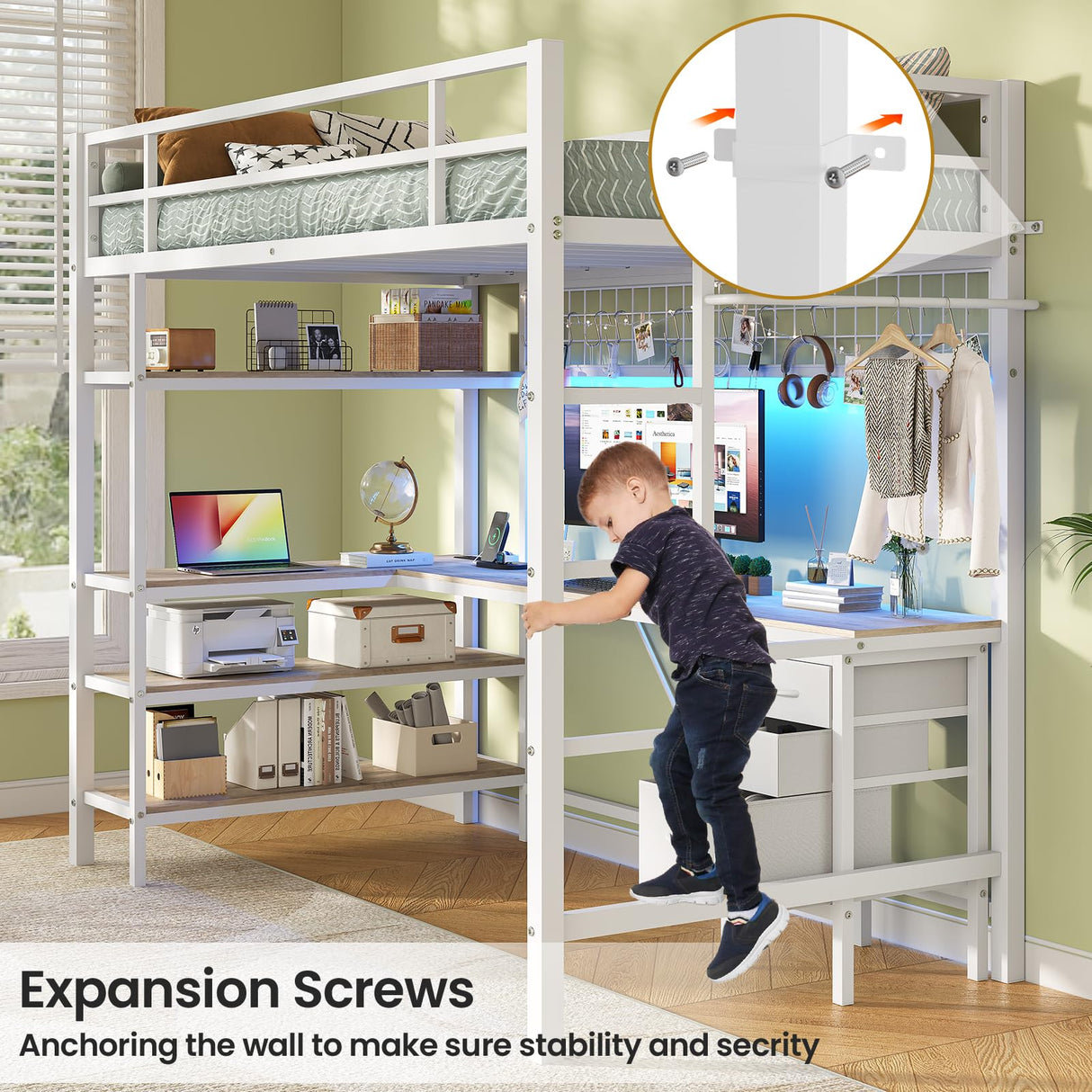 VIAGDO Loft Bed Twin Size with L-Shaped Desk, Charging Station and LED Lights, Twin Loft Bed with 4-Tier Bookshelf and 3 Drawers, Clothes Rail, Safety Guardrail&Ladder, No Box Spring Needed, White VIAGDO