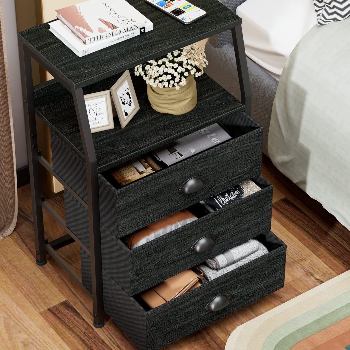 Furnulem Black Night Stand, Small Dresser for Bedroom, Nightstand with 3 Fabric Storage Drawers and 2-Tier Shelf, End Table Side Furniture for Closet, Hallway, Nursery, Sturdy Steel Frame, Wood Top Furnulem