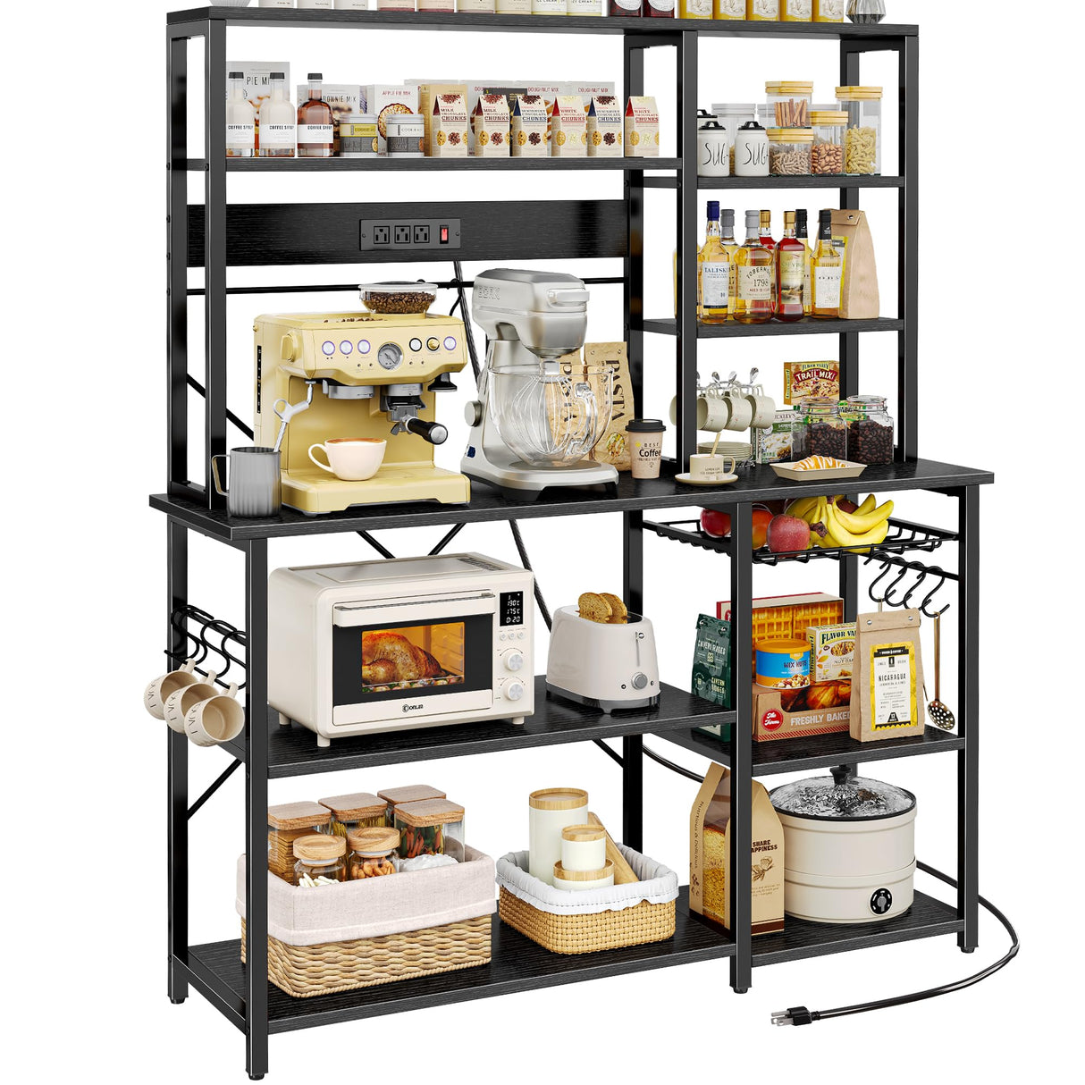 SUPERJARE Larger Bakers Rack with Power Outlets, 6-Tier Microwave Stand, Coffee Bar with 12 S-Shaped Hooks, Kitchen Shelf with Wire Basket, 47.2 x 15.5x 66.9 Inches, Black SUPERJARE