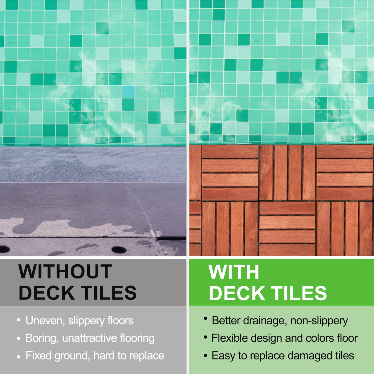 CLOVERHOLM Interlocking Deck Tiles-10PCS Waterproof Acacia Wood Patio Tiles, Easy Snap Flooring Tiles for Indoor and Outdoor,Balcony, Entry, Poolside Tiles, 12”x12”, 10sq.ft per Box, Teak CLOVERHOLM