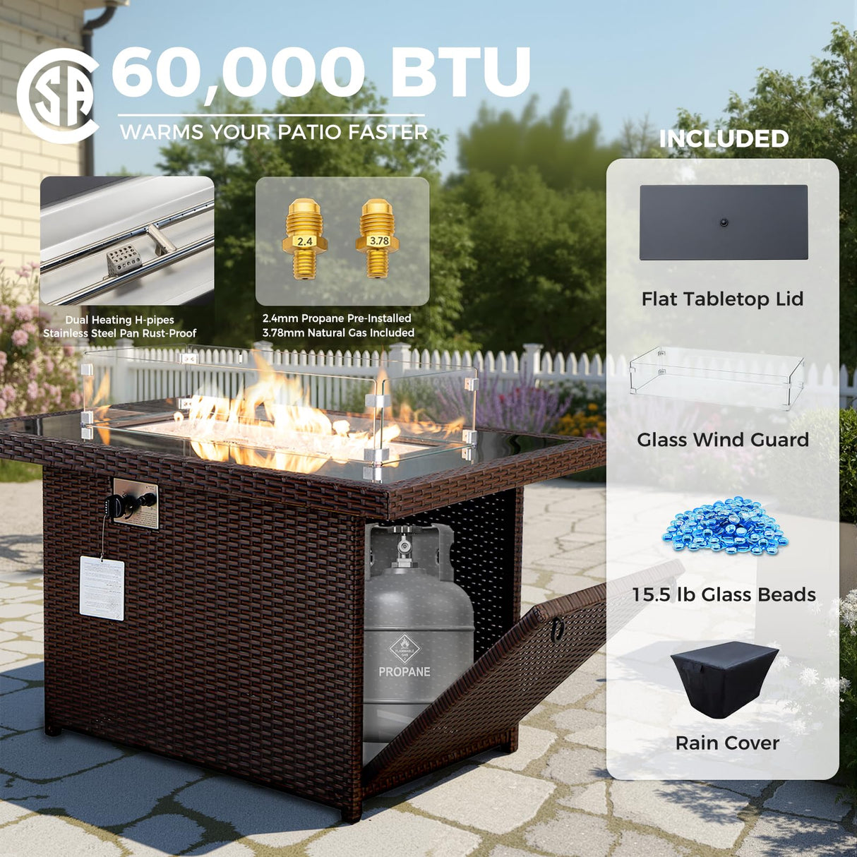 BULEXYARD 7 Pcs High Back Patio Furniture Set with Fire Pit Table Propane/Natural Gas Dual Fuel, All-Weather Outdoor Sectional Couch, Comfy Backyard Seating for Exterior, Brown Wicker & Beige Cushion BULEXYARD