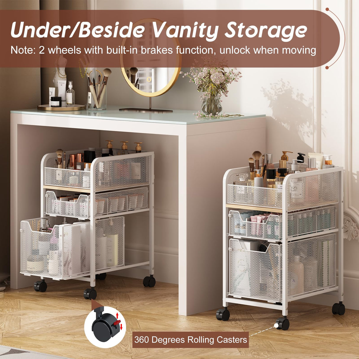 Hongtamoya Rolling Makeup Cart Organizer with 2 Drawers, Narrow Floor Skincare Organizers, Vanity Organizer Cosmetics Display Cases Holder for Skin Care Nail Polish Perfume Makeup Brush, White Hongtamoya