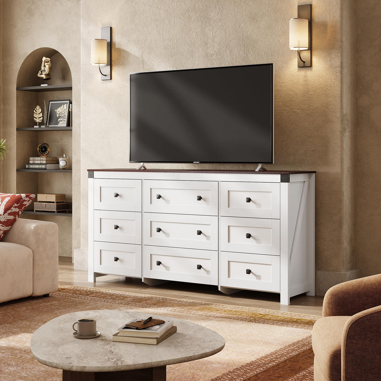 WLIVE Farmhouse 9 Drawer Dresser, 63" Wide Dresser Storage Organizer, Wood Dresser for Bedroom,TV Stand for 70 inch TV, Chest of Drawers for Living Room, Hallway, Ball Bearing Slide (White) WLIVE