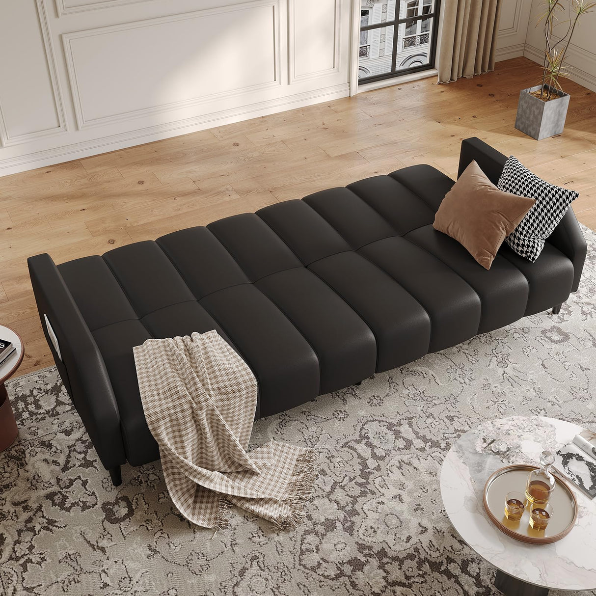 Fadware Faux Leather Couch, Convertible Futon Sofa Bed with Adjustable Backrest, Mid Century Leather Sofa Loveseat with Side Pockets& Metal Leg, Modern Leather Sleeper Sofa for Living Room Bedroom Fadware