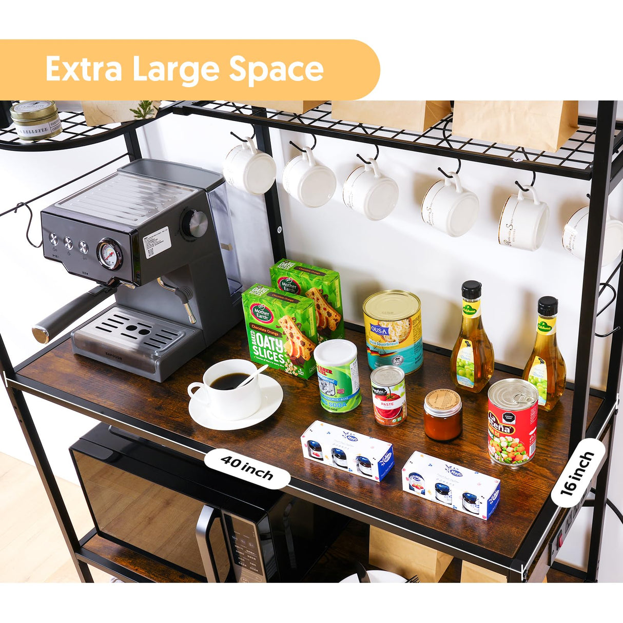 Home Limpidity Large Bakers Rack for Kitchen, 40-inch Wide Coffee Bar Station with Power Outlet, 5 Tier Microwave Stand Storage Shelf with S-Shaped Hooks, Metal Frame with Brown Wood Tabletop Home Limpidity