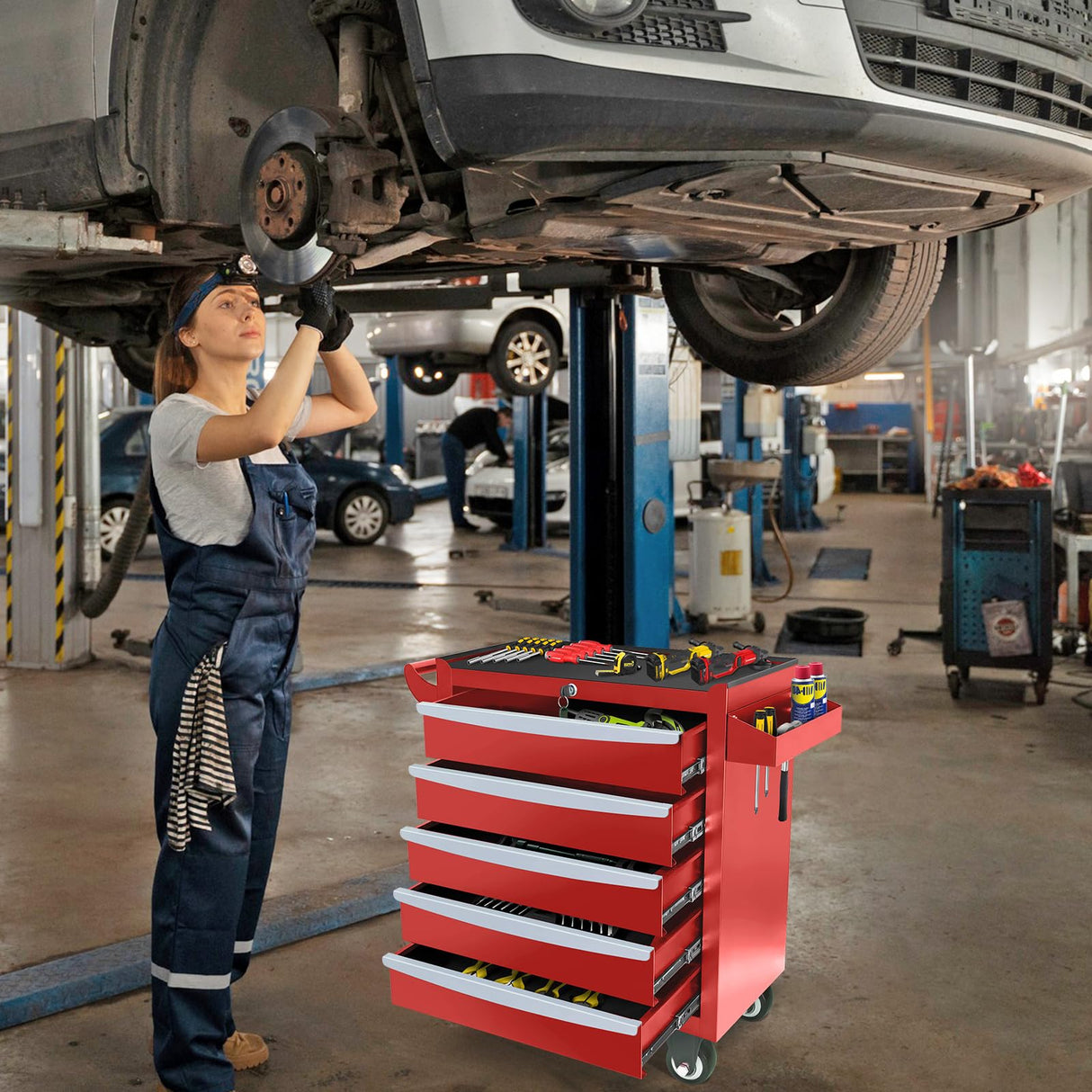 MHEOMTME Rolling Tool Chest with Drawers, Craftsman Tool Box Organizer, Toolbox Cabinet with Keyed Locking System, 5 Drawer Tool Storage Cart on Wheels for Garage, Workshop and Repair Room, Red MHEOMTME