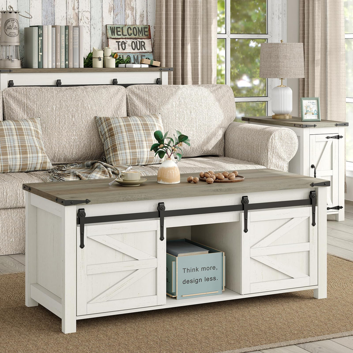 Furnihold 47.3''Lift Top Coffee Table, Farmhouse Center Table with Large Storage & Sliding Barn Doors, Modern Rectangular White Cocktail Table for Living Room, Grey Top Furnihold