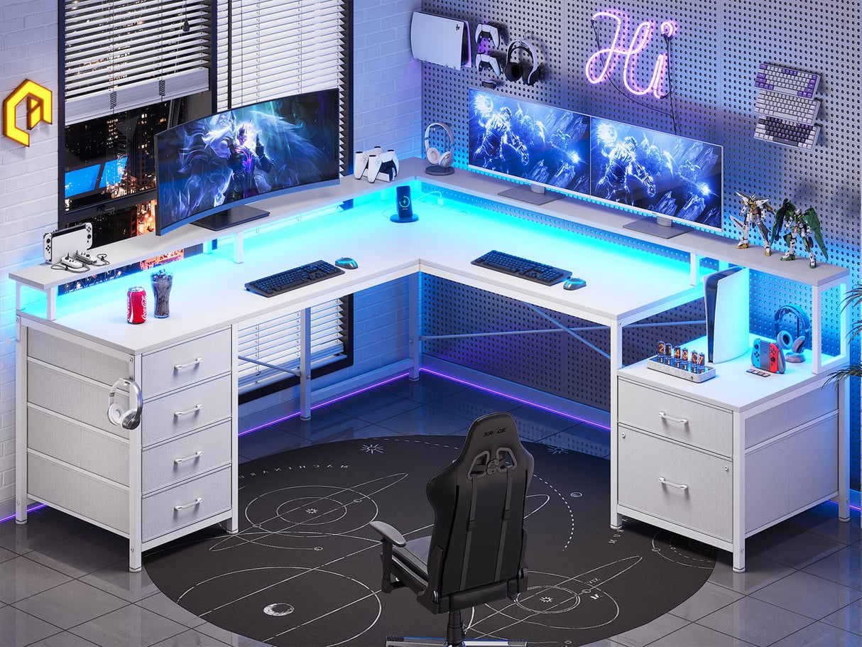 SEDETA L Shaped Desk with 6 Drawer, 108" Home Office Desk with File Drawer & Power Outlet, Corner Computer Desk with Monitor Shelf, File Cabinet, Two Person Desk, Gaming Desk with Led Lights, White SEDETA