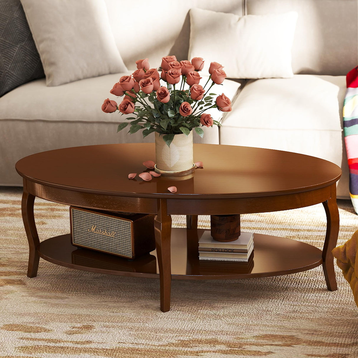 LZAREAL Coffee Table with Storage Oval Solid Wood Coffee Table Antique Farmhosue Living Room Table Rustic Center Table for Living Room Guest Room Reception Room Waiting Room, Brown Walnut Color LZAREAL