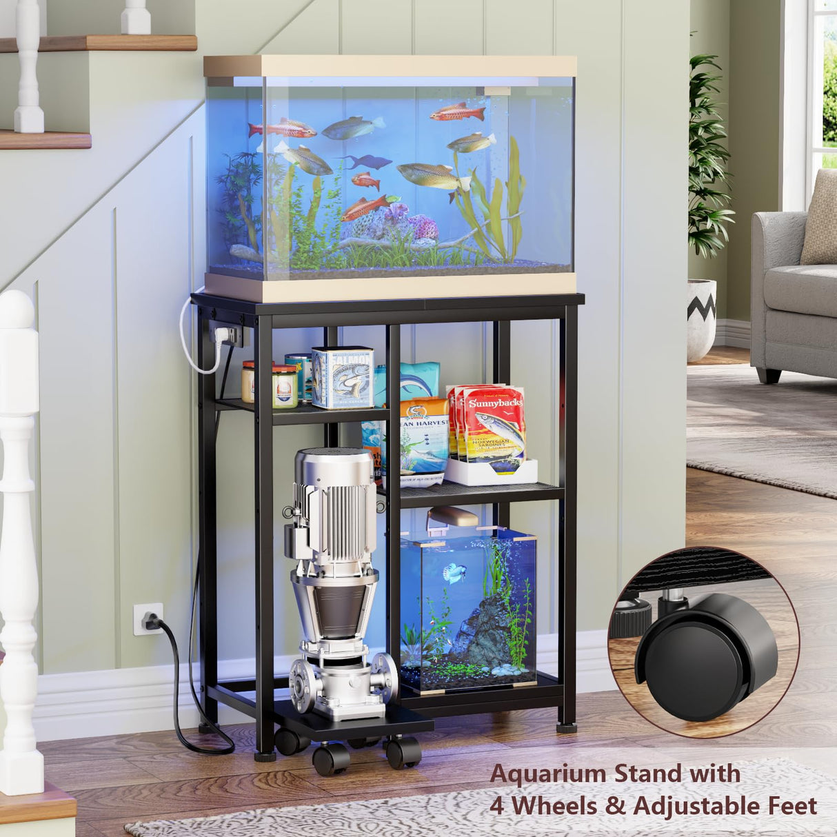Aquarium Stand with Power Outlet, 3 Tiers Fish Tank Stand with Adjustable Storage Shelves & 4 Wheels for 10, 20 Gallon, 200LBS Capacity Terrarium Stand, Reptile Tank, Black, 24.8" x11.8" x 30.8" Korfile