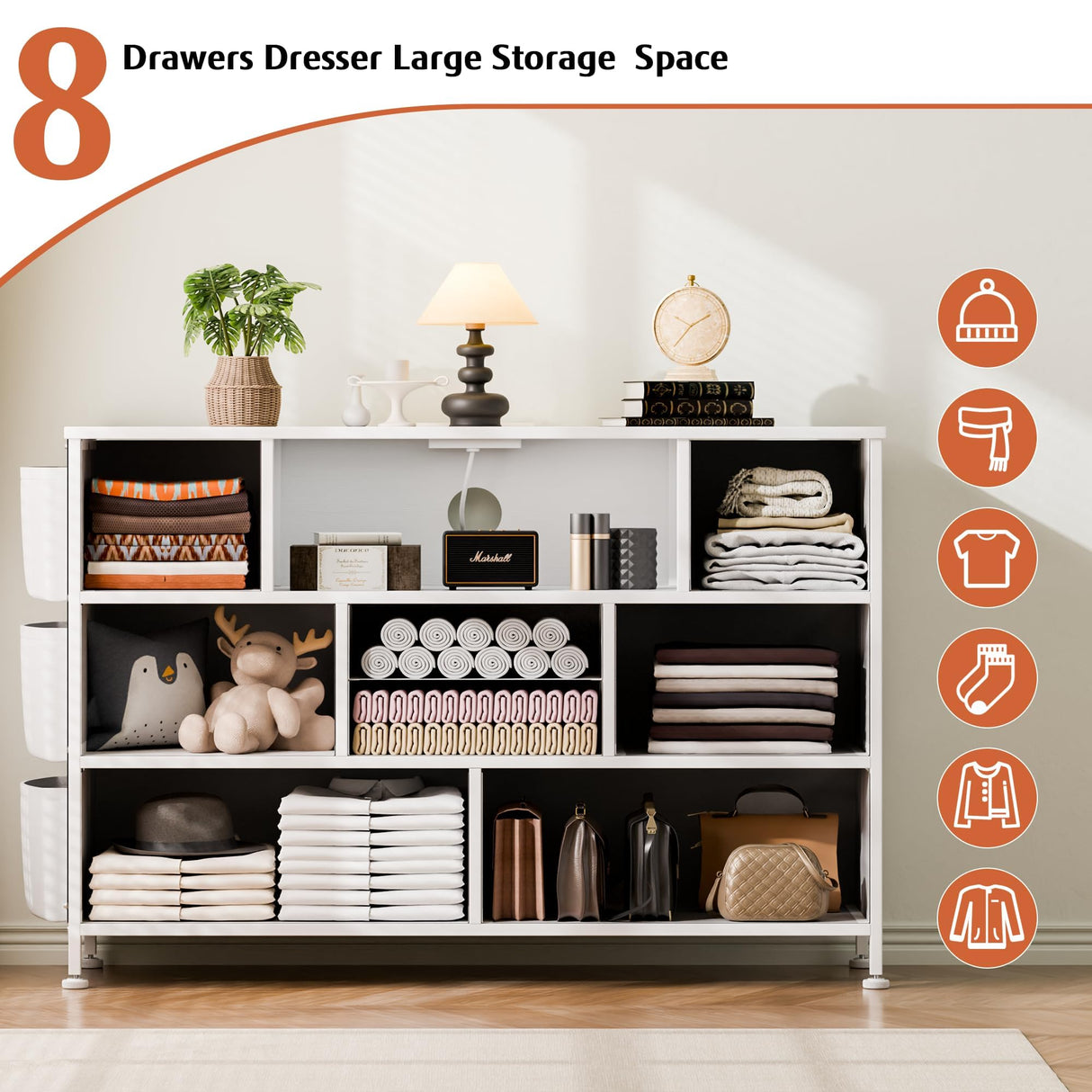 YaFiti Dresser for Bedroom with 8 Drawers, Dresser TV Stand with LED Lights, Fabric Chest of Drawers with Side Pocket for Living Room, Entryway, Bedroom Furniture (White) YaFiti