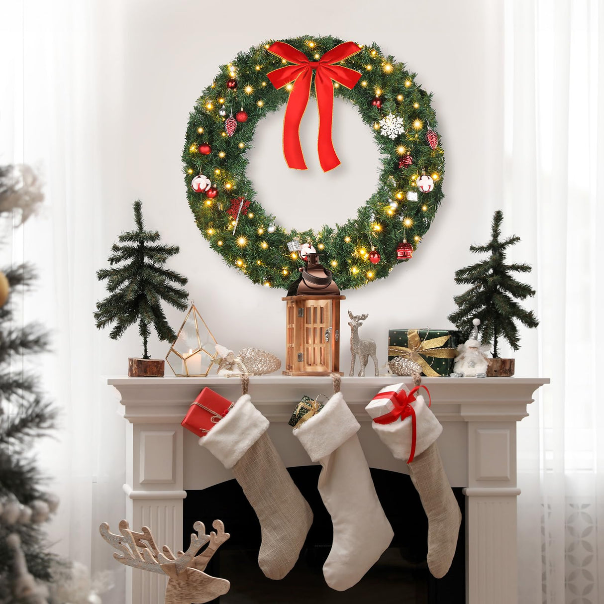 VINGLI 36 Inch Christmas Door Wreath Decorations with 100 Lights and 300 PVC Branches, Pre-lit Artificial Christmas Wreath for Front Door, Xmas Wreath w/Bow, Pine Cones, Ornaments (Plug-in) VINGLI