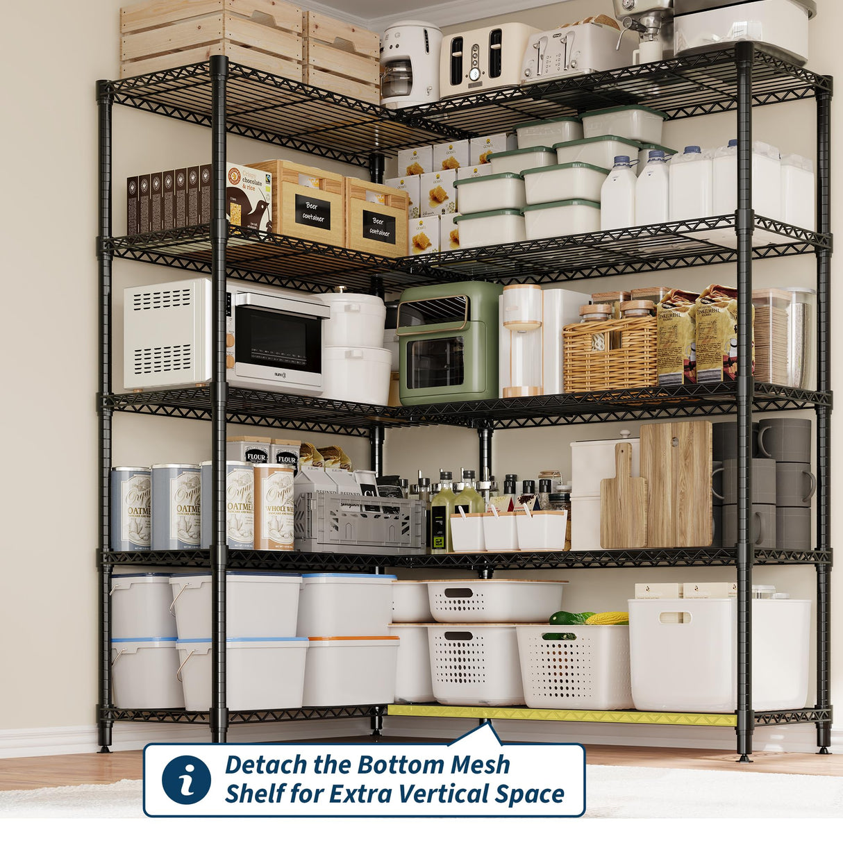 PeacefulHues 5-Tier Storage Shelving Unit Metal Shelves 59" W Wire Shelving, 70" H L-Shaped Pantry Shelves Kitchen Storage Shelves for Home Commercial Garage Heavy Duty, 70.5" H x 59" W x 13.8" D PeacefulHues