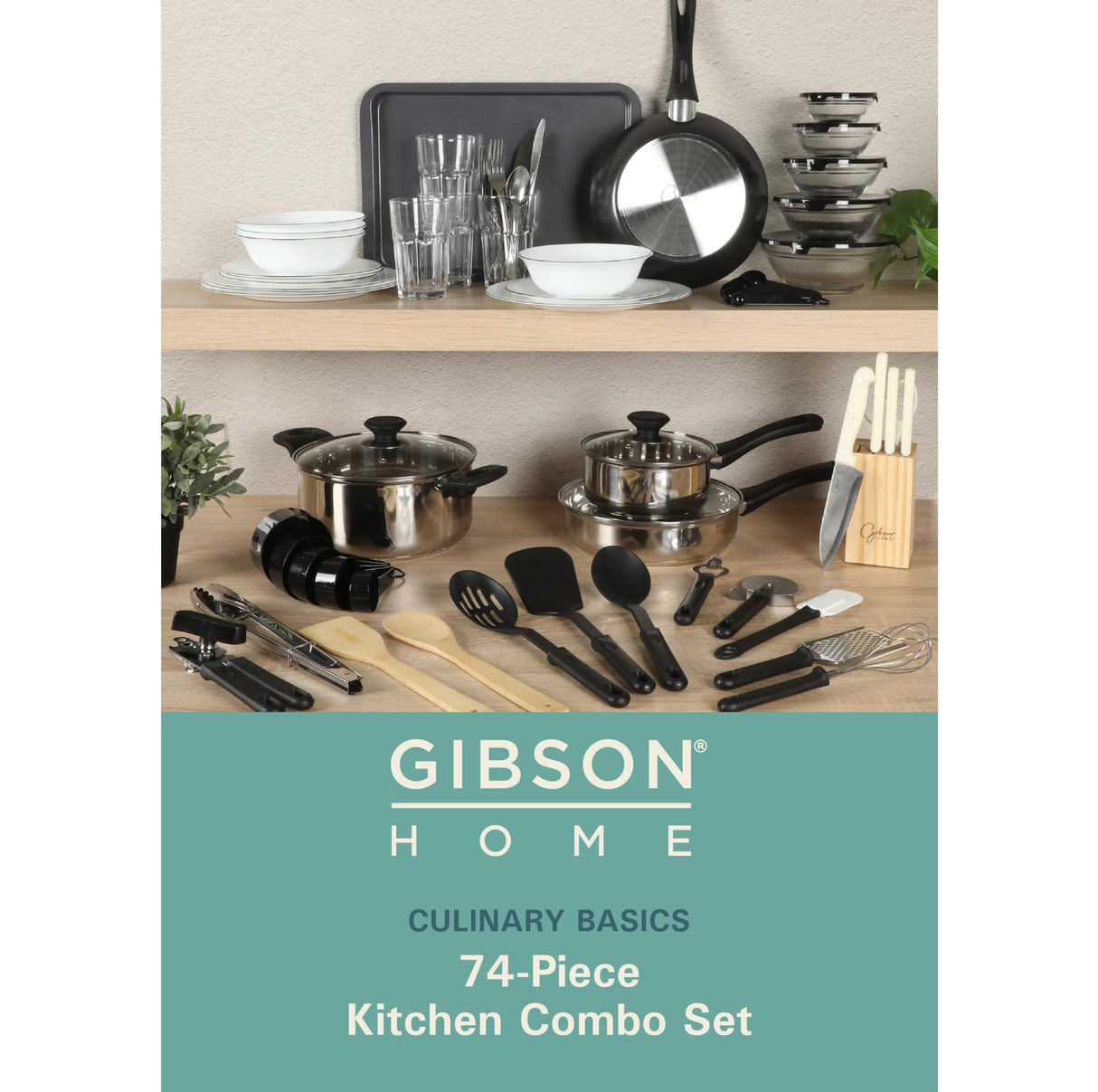 Gibson Home 74 Piece Kitchen in a Box Pots and Pans Cookware, Plates and Bowls Dinnerware, Cutlery Knife Block, Flatware Utensils, Kitchen Tools & Gadgets, Kitchen Storage, Glasses Set Gibson Home