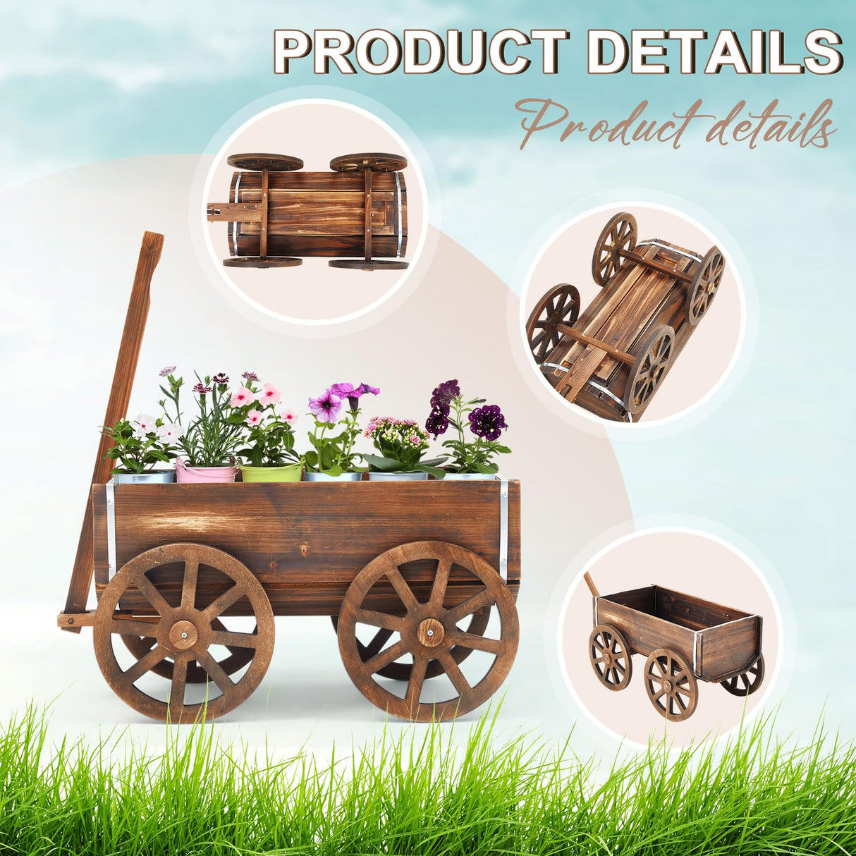 Beeveer Wooden Wagon Planter Box, Garden Planter with Wagon Wheels, Flower Cart for Patio Garden Balcony, Decorative Patio Planter Flowers Herbs Vegetables for Indoor Outdoor Decor, Brown (Classic) Beeveer