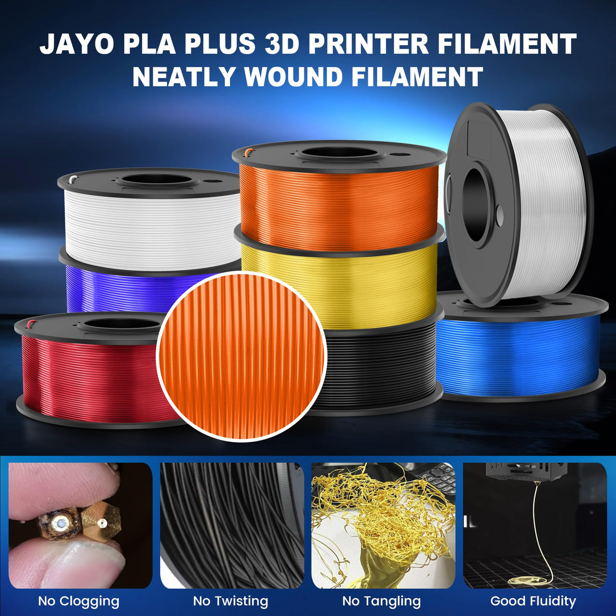 JAYO PLA+ Filament Bundle 1.75mm, 3D Printer Filament Bundle Multicolor, Individually Vacuum Packed, 250g Spool, 8 Pack, 2KG in Total, Black+White+Transparent+Clear(Blue+Red+Orange+Yellow+Purple) JAYO