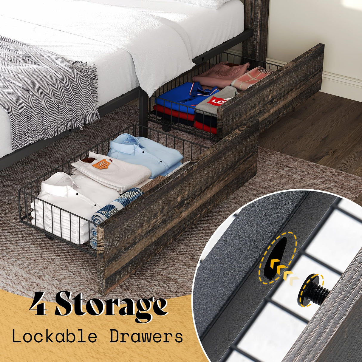 AMERLIFE Queen Size Farmhouse Bed Frame with 4 Drawers, Wooden Storage Bed Frame with Headboard and Heavy Duty Metal Slats, Noisy Free, Easy Assemble, Rustic Black AMERLIFE