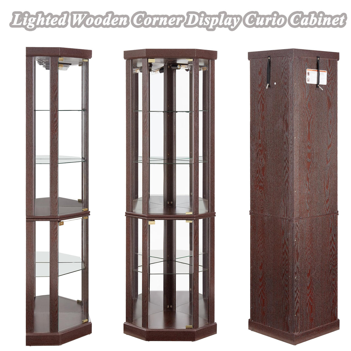 lunhung 69" H Corner Curio Cabinet with Light, Corner Glass Display Showcase with Adjustable Shelves & Glass Doors, Wooden Accent Storage Curio Storage Rack for Living Room (Dark Cherry) lunhung