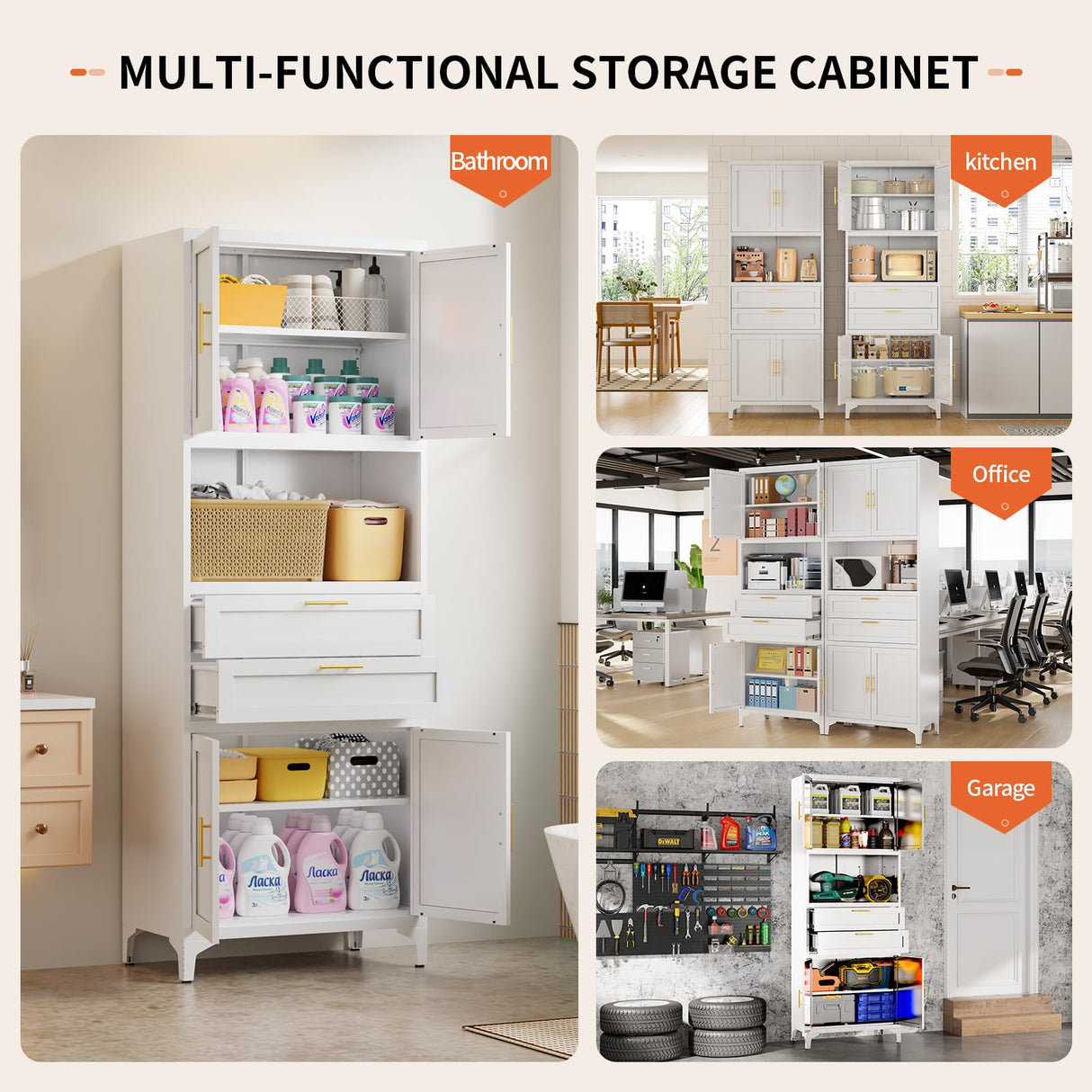 steelftyn 75" Pantry Storage Cabinet, Metal Storage Cabinet with 4 Doors, 2 Drawers, 3 Adjustable Shelves, White steelftyn