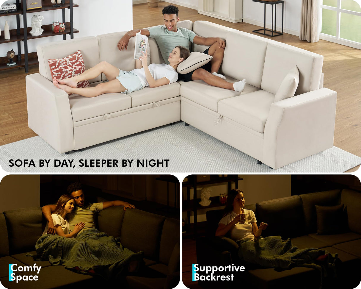 VanAcc Sofa Bed, 85 Inch Sleeper Couch with Storage Seat, L Shaped Sofa with Pull Out Sofa Bed, Sectional Couches for Living Room Apartment, Beige Linen Couch Sofa VanAcc