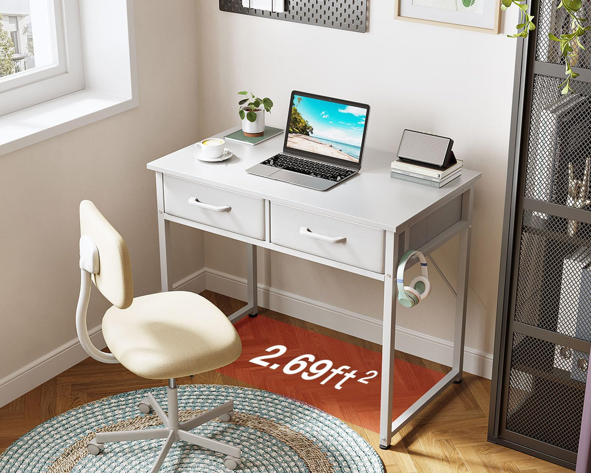 ODK Small Desk with Fabric Drawers- for Bedroom, White Vanity Desk with Storage, Home Office Computer Desk for Small Spaces, 32 Inch Modern Work Writing Study Table, White ODK