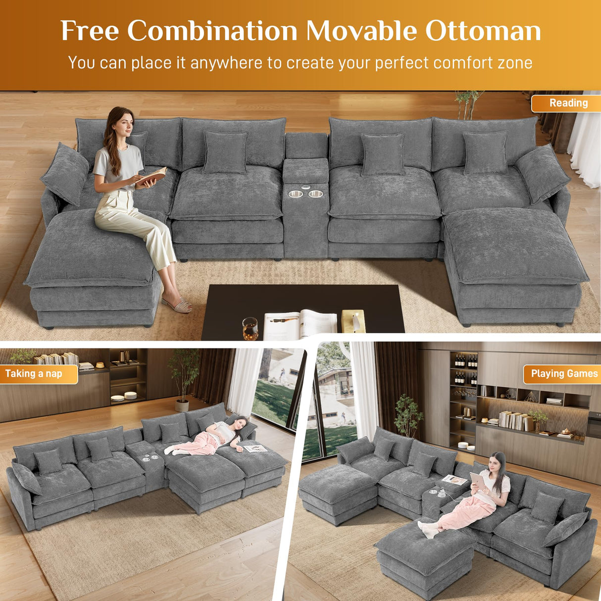 145" U Shaped Cloud Couch Sectionals Comfy Grey Sectional Couches for Living Room Modern Fluffy Oversized Modular Sofas, Chenille Large Big 6 Seat Sofa Set USB Port Central Console Ottoman ONEMMLION