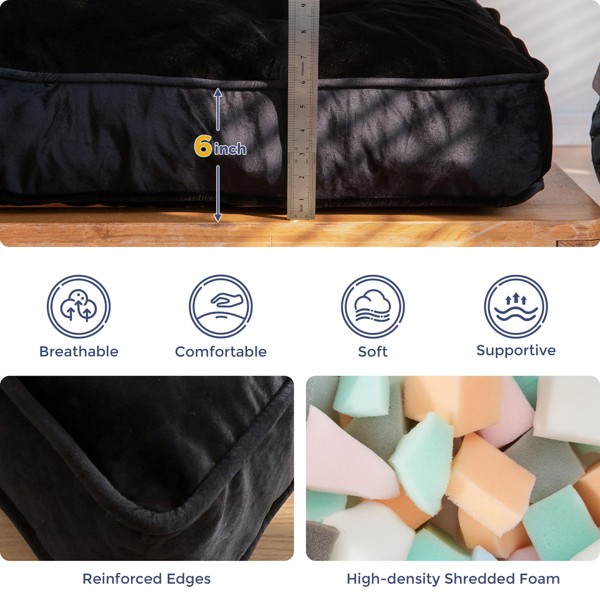 MAXYOYO 6" Futon Mattress Full Size, Velvet Thick Futons Sofa Couch Bed, Versatile Floor Mattress for Adults, Shredded Foam Filling (Frame Not Included), Black MAXYOYO