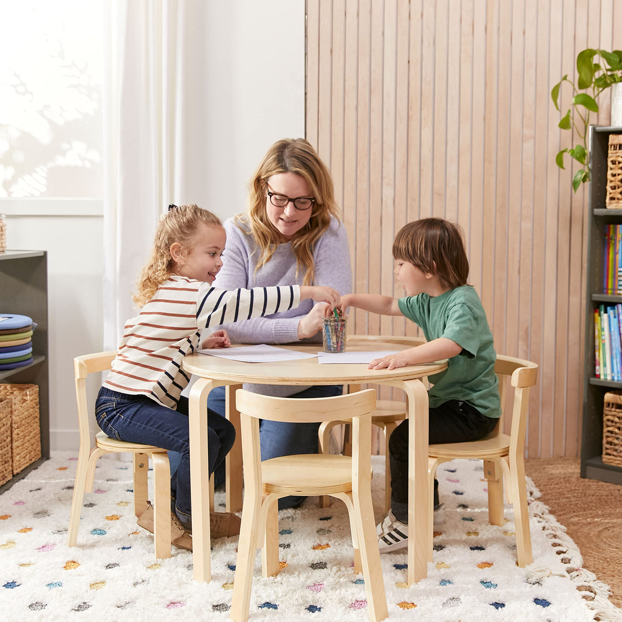 ECR4Kids Bentwood Round Table and Curved Back Chair Set, Kids Furniture, Natural, 5-Piece ECR4Kids