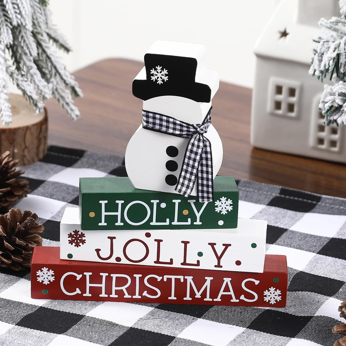 Christmas Decorations-4 PCS Wooden Block Sign-Classic Red White Green Christmas Ornaments for Home Shelf Mantel Fireplace Table Windowsill Decor Buttools