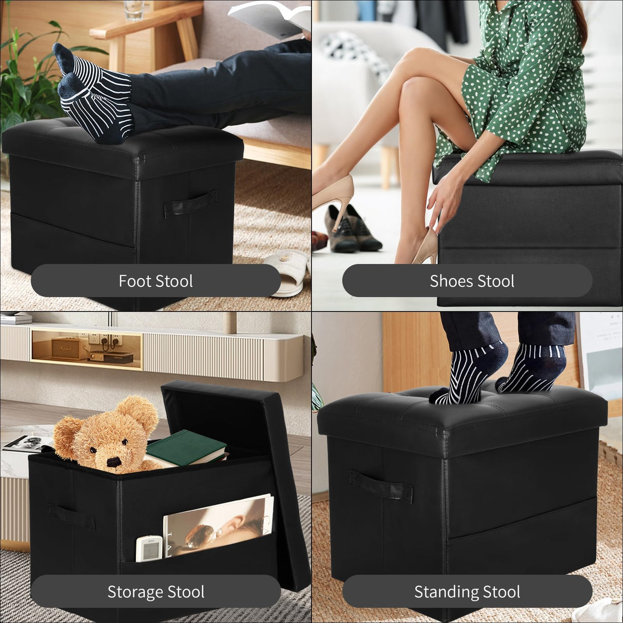 BelugaHelper Storage Ottoman Foot Rest Stool with Thicker Foam Padded Seat. Foldable Leather Footstool Bench. Small Ottoman with Storage for Living Room Bedroom Coffee Table 350 lbs, 17x13x13in, Black BelugaHelper
