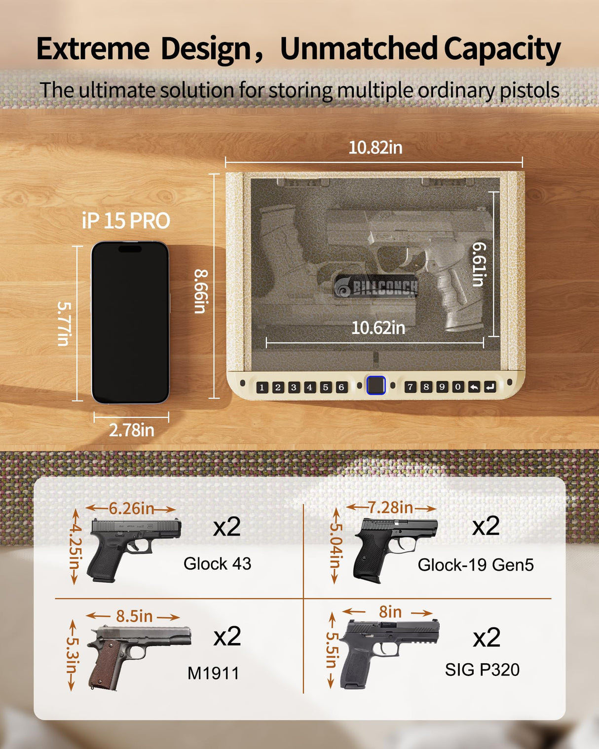 BILLCONCH Gun Safe for Handgun - Biometric Pistol Safe 4 Ways Quick Access with Fingerprint/Full-digital Keypad/Key/APP Lock and Security Cable for Nightstand Bedside Home - Limited Gold BILLCONCH