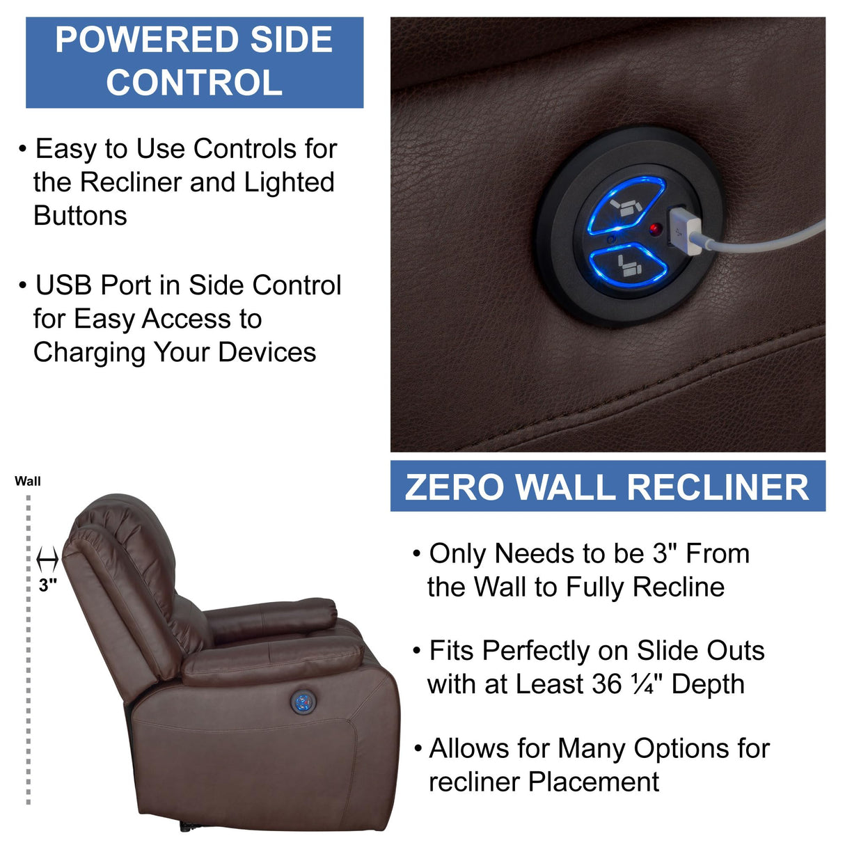 RecPro Charles Collection | 30" Powered Zero Wall Recliner | Wall Hugger Recliner | RV Living Room (Slideout) Chair | Mahogany, 1-Pack RecPro