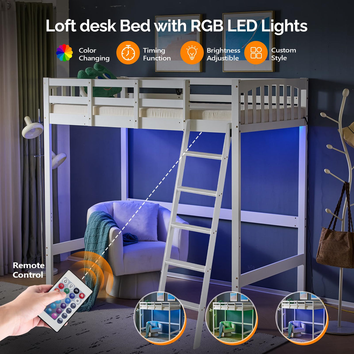 VINGLI Full Loft Bed with USB Charging Station/LED, Solid Wood Double Loft Bunk Bed with Flat Rungs for Kids/Teens/Adults, 15 inches High Guardrail,Wood Slat Support No Box Spring Needed, White VINGLI