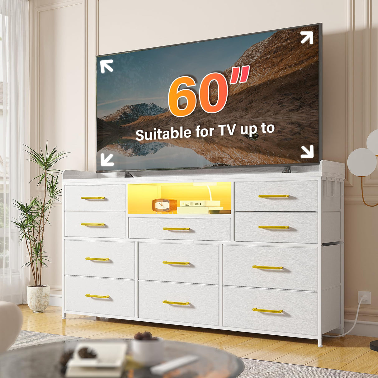 EnHomee Dresser TV Stand with 11 Drawers for 60" TV Stand for Bedroom with LED Lights & Power Outlets Long Dresser for Bedroom with Shelves & 4 Hooks Sturdy Metal Frame & Wood Top, White EnHomee