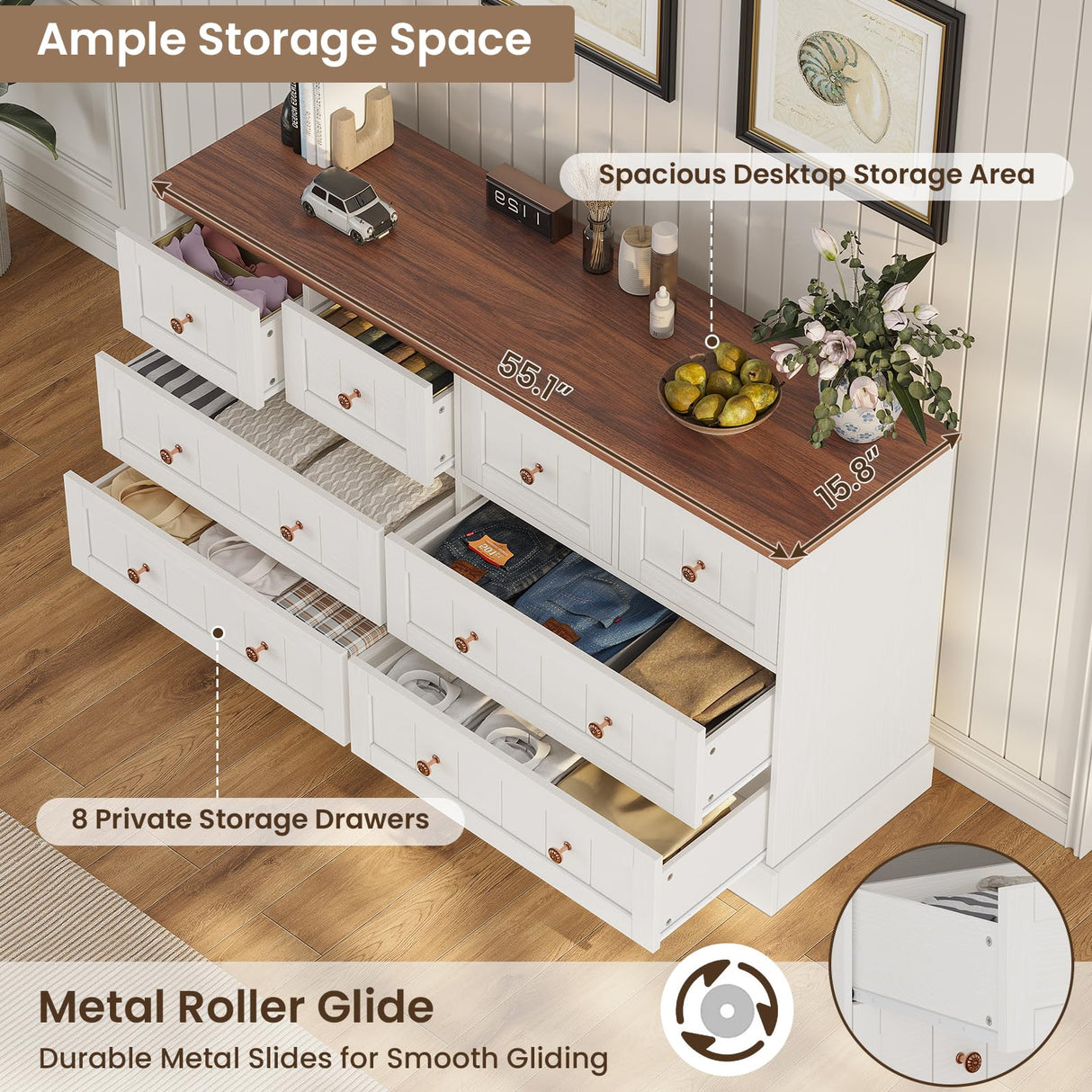 Hasuit White 8 Drawer Dresser, 55.1" Wide Farmhouse Dressers Chest of Drawer, Wood Bedroom Dresser with Hand Carved Panel, Large Capacity Clothing Storage Organizer for Bedroom, Living Room, Hallway Hasuit
