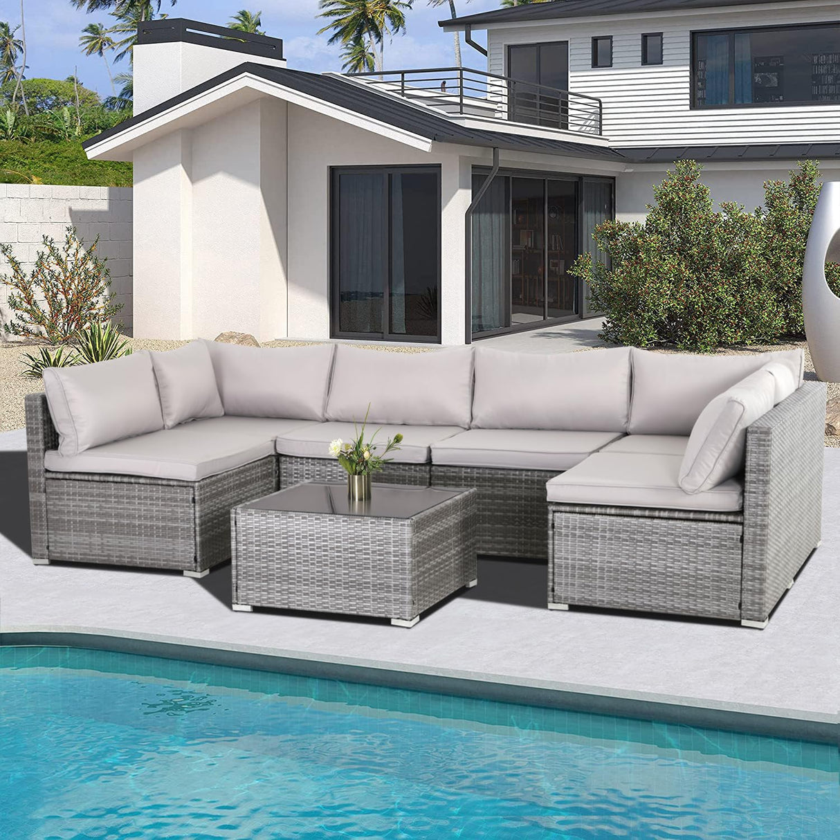 IJIALIFE 7 Pieces Patio Furniture Set, Modular Patio Set Wicker Outdoor Sectional Sofa Set PE Rattan Wicker Patio Conversation Set with Thickened Cushions and Coffee Table,Gray Wicker/Gray Cushion IJIALIFE