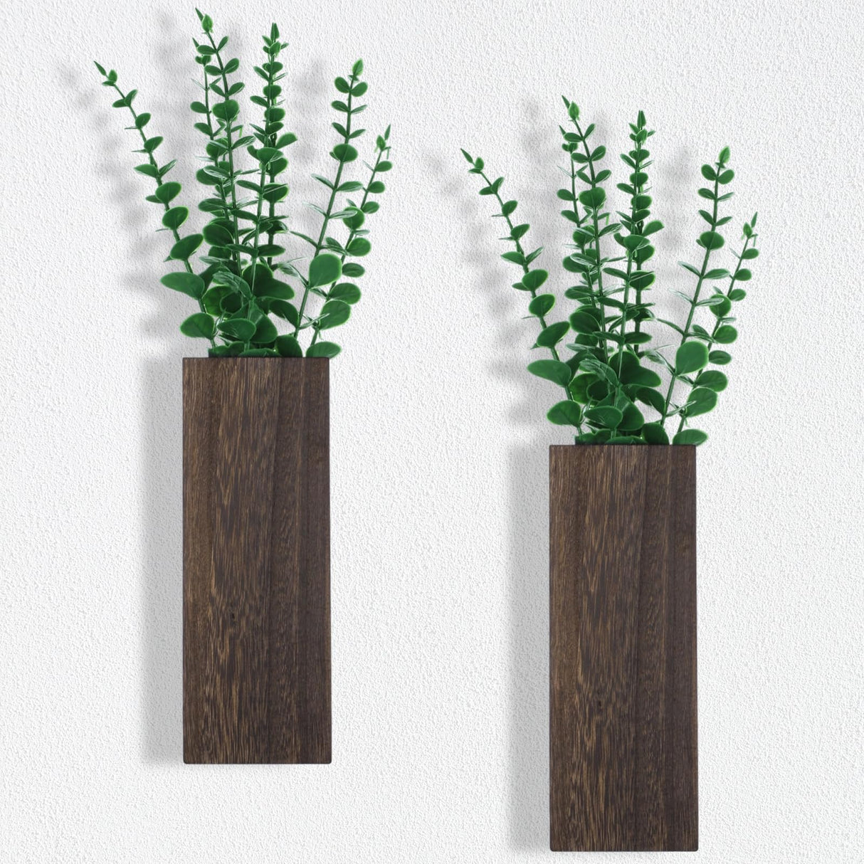 2 Pcs Wood Wall Planters,1.4''x3.3''x9.3''Farmhouse Wall Plant Pocket Vases with Artificial Eucalyptus, Fake Plants Greenery Wall Hanging Decors for Living Room, Bathroom,Bedroom,Office Decoration Lnrueg