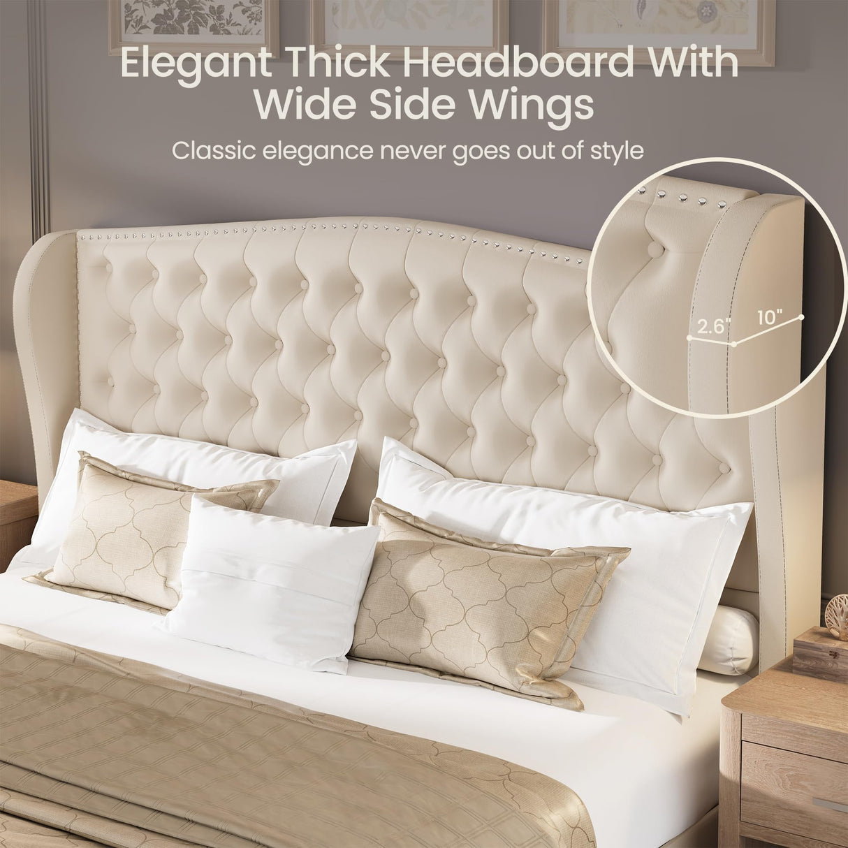 LARMACE King Size Bed Frame Velvet Upholstered Platform Bed with Wingback Headboard & Footbaord, Deep Button Tufted Bed Frame with Wood Slats Support, No Box Spring Needed, Beige LARMACE