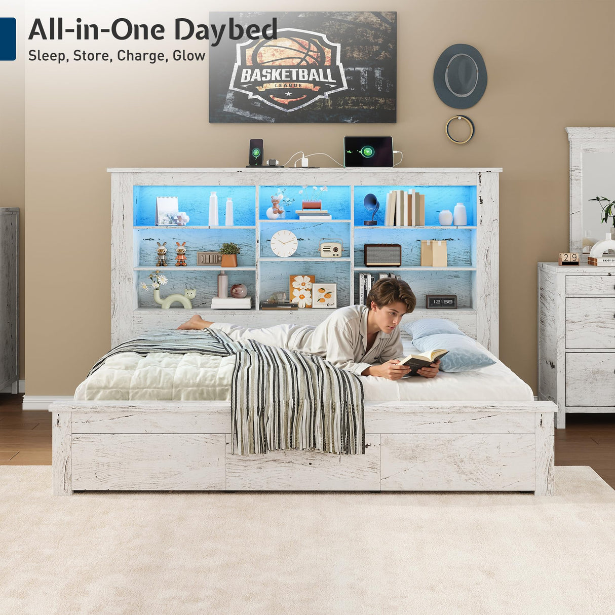 Jocisland Twin Daybed with Bookcase Headboard, USB-C Charging, RGB Lights & 3 Drawers, No Box Spring Needed, Farmhouse Wood Bed Frame for Teens, Dorms, Guest Room, Distressed White Jocisland